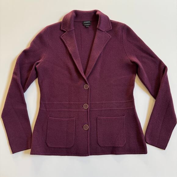 Talbots 100% Merino Wool Sweater Jacket Plum Purple Size XS EUC Three Button - Picture 8 of 12